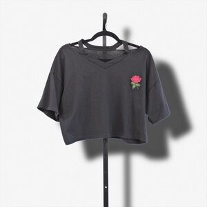 Black V-Neck Top with Rose Embroidery